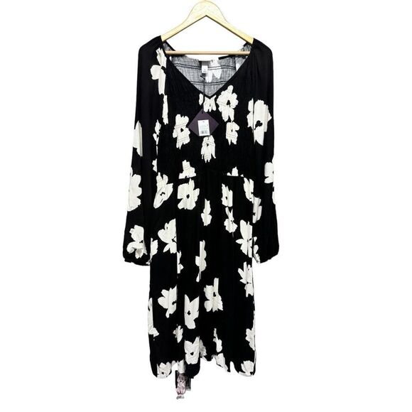 Ava & Viv Women's V-Neck Long Balloon Sleeve Smocked Black Floral Dress Sz 1xl - Picture 2 of 9